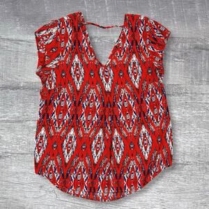 Dr2 Daniel Rainn Double V Short Sleeve Shirt Women S Red Low Back Ikat Print